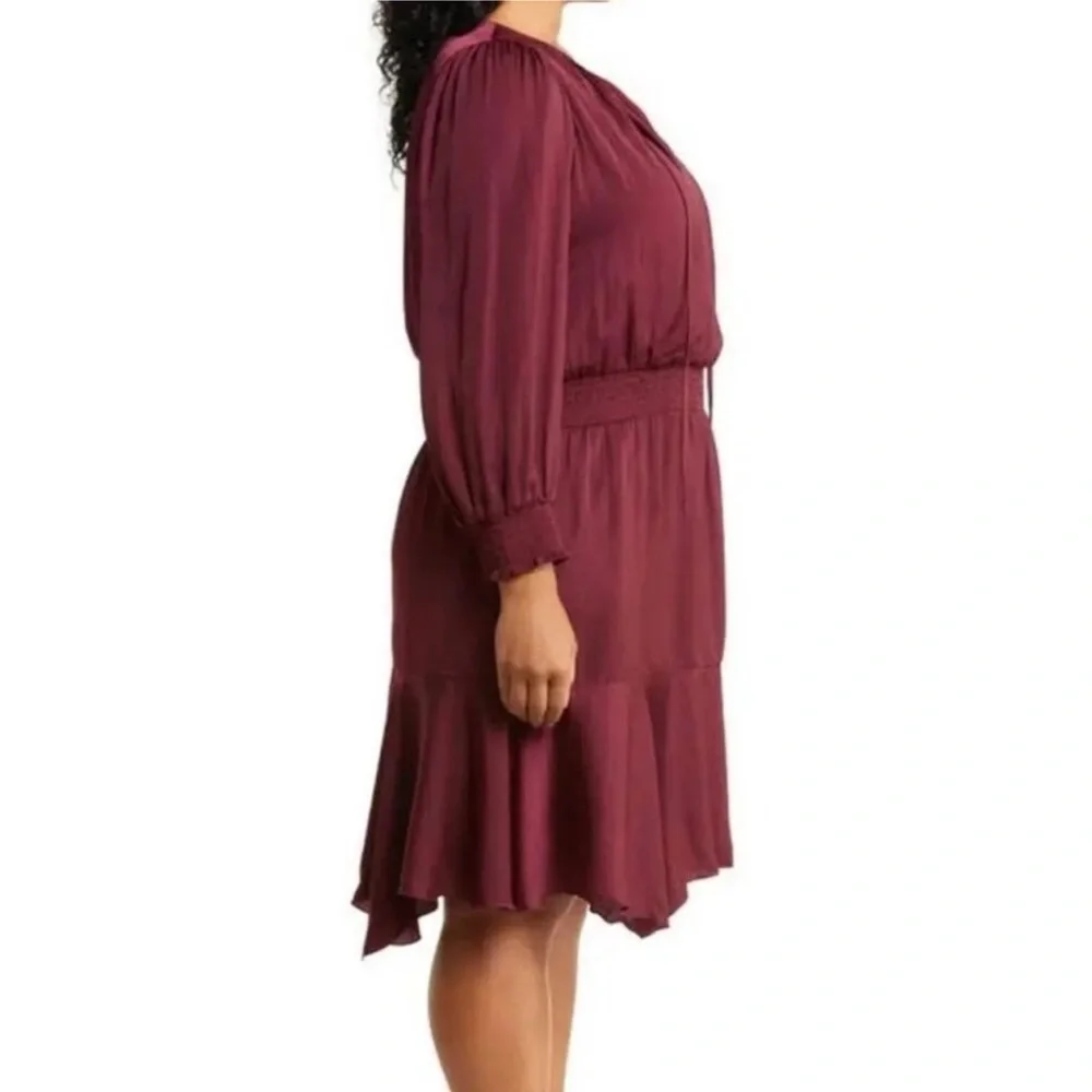 SAM EDELMAN SMOCKED LONG SLEEVE BURGUNDY A LINE DRESS - Picture 3 of 10